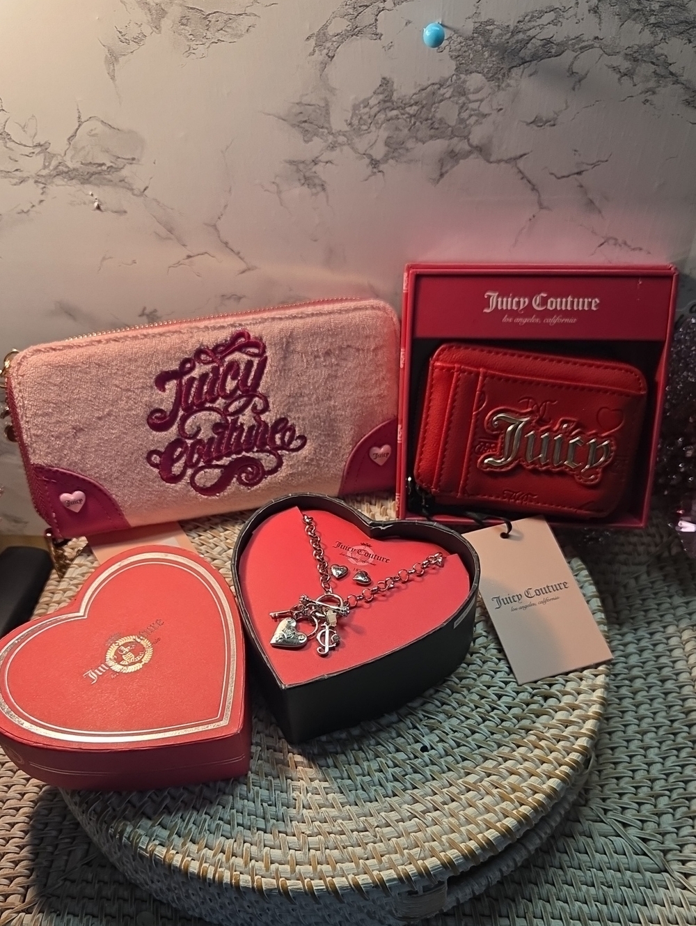 3 Juicy Couture Pink & Red Heart Wallet, Charm Necklace & Coin Purse Set